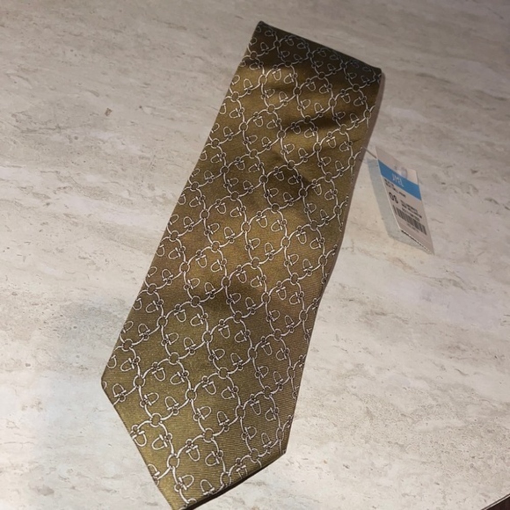 J McLaughlin silk tie, silk twill‎ print yellow/ white mini Wellington